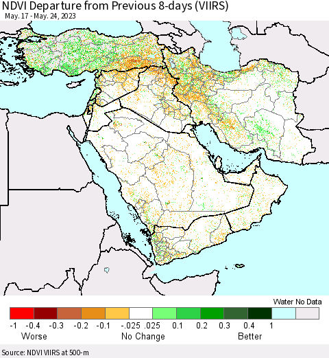 Middle East and Turkey NDVI Departure from Previous 8-days (VIIRS) Thematic Map For 5/17/2023 - 5/24/2023