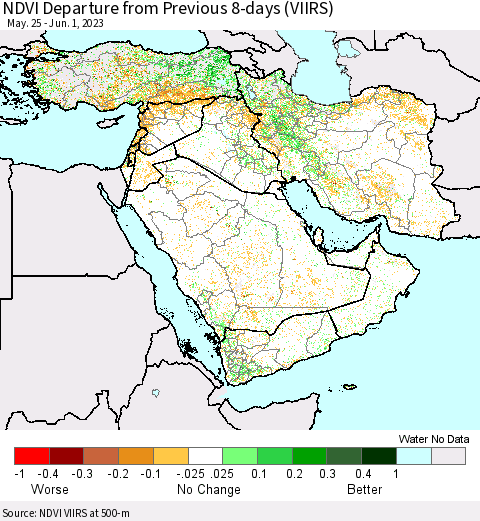Middle East and Turkey NDVI Departure from Previous 8-days (VIIRS) Thematic Map For 5/25/2023 - 6/1/2023