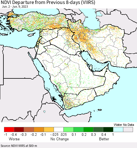Middle East and Turkey NDVI Departure from Previous 8-days (VIIRS) Thematic Map For 6/2/2023 - 6/9/2023