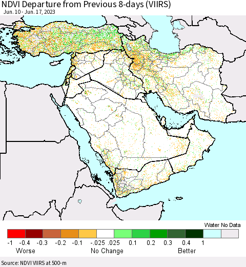 Middle East and Turkey NDVI Departure from Previous 8-days (VIIRS) Thematic Map For 6/10/2023 - 6/17/2023