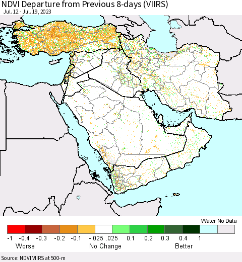 Middle East and Turkey NDVI Departure from Previous 8-days (VIIRS) Thematic Map For 7/12/2023 - 7/19/2023