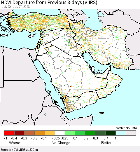 Middle East and Turkey NDVI Departure from Previous 8-days (VIIRS) Thematic Map For 7/20/2023 - 7/27/2023