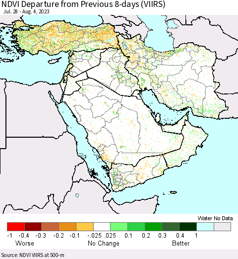 Middle East and Turkey NDVI Departure from Previous 8-days (VIIRS) Thematic Map For 7/28/2023 - 8/4/2023