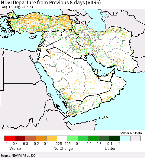 Middle East and Turkey NDVI Departure from Previous 8-days (VIIRS) Thematic Map For 8/13/2023 - 8/20/2023