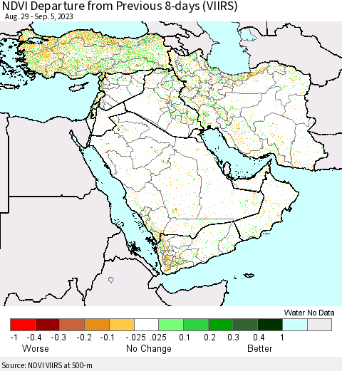 Middle East and Turkey NDVI Departure from Previous 8-days (VIIRS) Thematic Map For 8/29/2023 - 9/5/2023