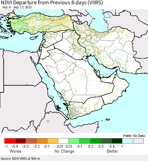Middle East and Turkey NDVI Departure from Previous 8-days (VIIRS) Thematic Map For 9/6/2023 - 9/13/2023