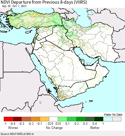 Middle East and Turkey NDVI Departure from Previous 8-days (VIIRS) Thematic Map For 9/30/2023 - 10/7/2023