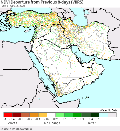 Middle East and Turkey NDVI Departure from Previous 8-days (VIIRS) Thematic Map For 10/8/2023 - 10/15/2023