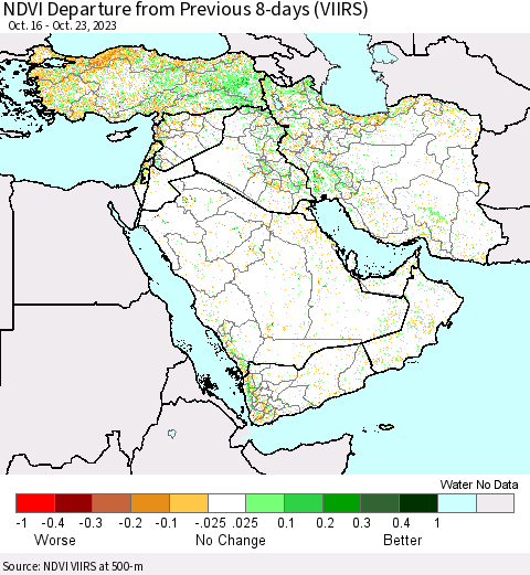 Middle East and Turkey NDVI Departure from Previous 8-days (VIIRS) Thematic Map For 10/16/2023 - 10/23/2023