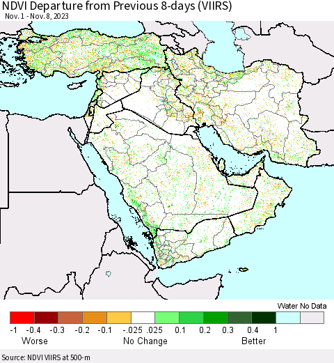 Middle East and Turkey NDVI Departure from Previous 8-days (VIIRS) Thematic Map For 11/1/2023 - 11/8/2023