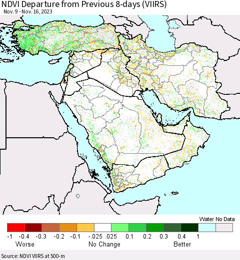 Middle East and Turkey NDVI Departure from Previous 8-days (VIIRS) Thematic Map For 11/9/2023 - 11/16/2023