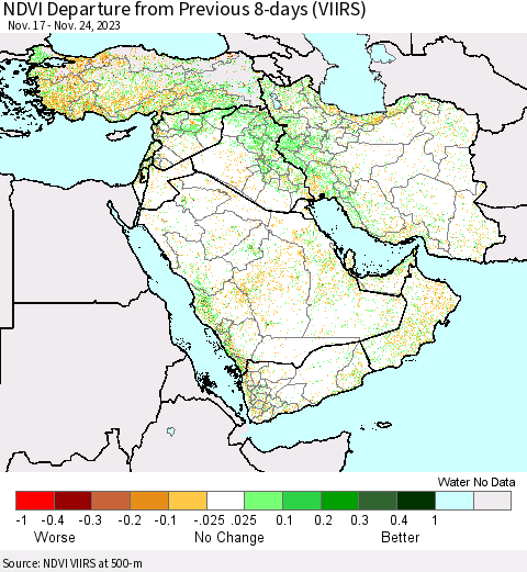 Middle East and Turkey NDVI Departure from Previous 8-days (VIIRS) Thematic Map For 11/17/2023 - 11/24/2023