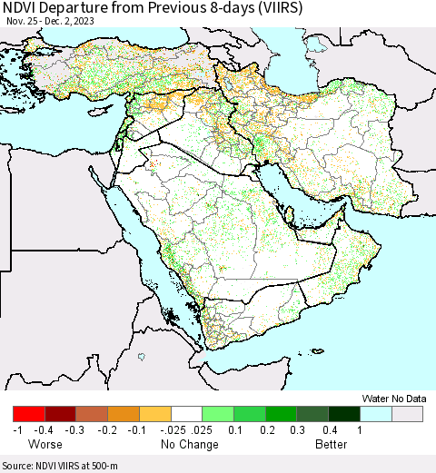 Middle East and Turkey NDVI Departure from Previous 8-days (VIIRS) Thematic Map For 11/25/2023 - 12/2/2023
