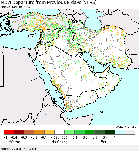 Middle East and Turkey NDVI Departure from Previous 8-days (VIIRS) Thematic Map For 12/3/2023 - 12/10/2023