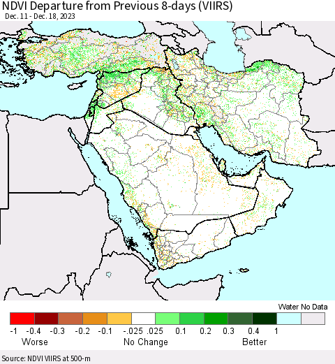 Middle East and Turkey NDVI Departure from Previous 8-days (VIIRS) Thematic Map For 12/11/2023 - 12/18/2023