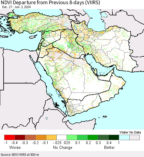 Middle East and Turkey NDVI Departure from Previous 8-days (VIIRS) Thematic Map For 12/27/2023 - 1/3/2024