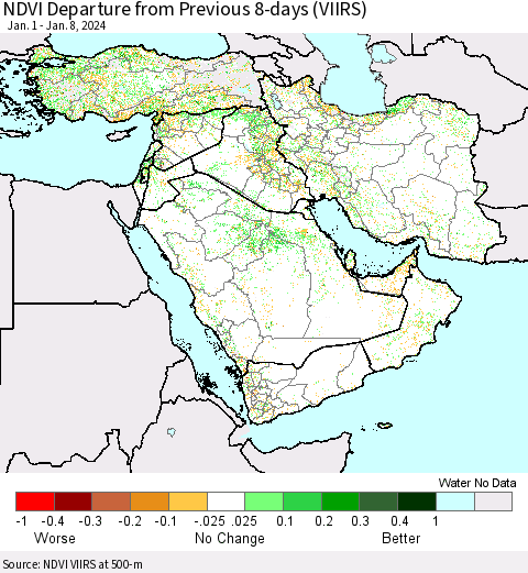 Middle East and Turkey NDVI Departure from Previous 8-days (VIIRS) Thematic Map For 1/1/2024 - 1/8/2024