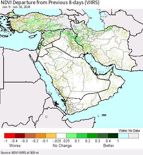 Middle East and Turkey NDVI Departure from Previous 8-days (VIIRS) Thematic Map For 1/9/2024 - 1/16/2024