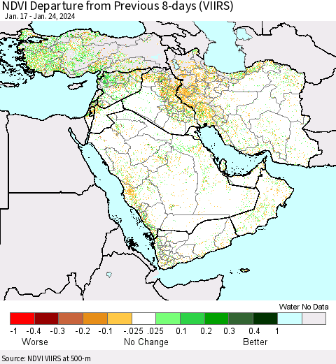Middle East and Turkey NDVI Departure from Previous 8-days (VIIRS) Thematic Map For 1/17/2024 - 1/24/2024