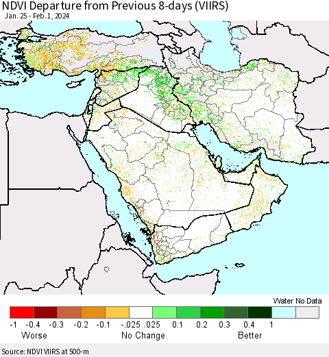 Middle East and Turkey NDVI Departure from Previous 8-days (VIIRS) Thematic Map For 1/25/2024 - 2/1/2024