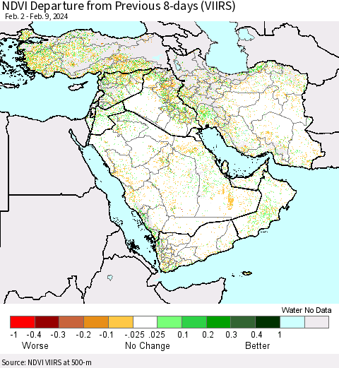 Middle East and Turkey NDVI Departure from Previous 8-days (VIIRS) Thematic Map For 2/2/2024 - 2/9/2024