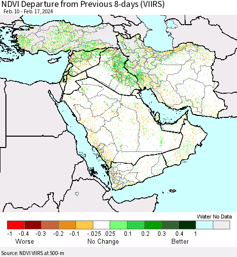 Middle East and Turkey NDVI Departure from Previous 8-days (VIIRS) Thematic Map For 2/10/2024 - 2/17/2024