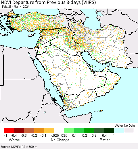 Middle East and Turkey NDVI Departure from Previous 8-days (VIIRS) Thematic Map For 2/26/2024 - 3/4/2024
