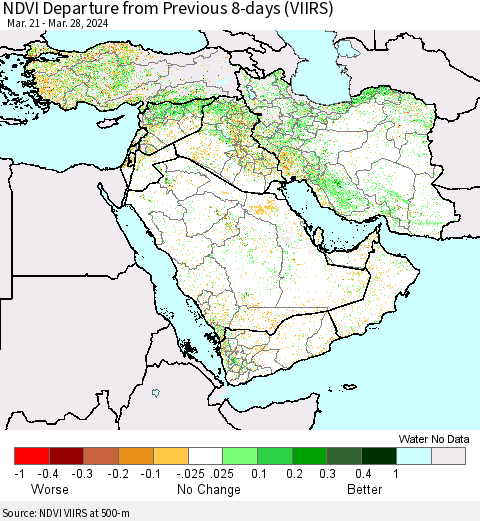 Middle East and Turkey NDVI Departure from Previous 8-days (VIIRS) Thematic Map For 3/21/2024 - 3/28/2024