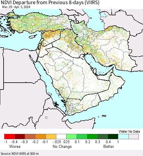 Middle East and Turkey NDVI Departure from Previous 8-days (VIIRS) Thematic Map For 3/29/2024 - 4/5/2024