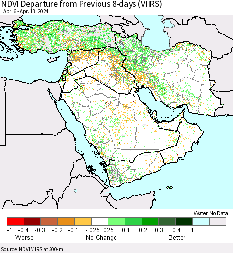 Middle East and Turkey NDVI Departure from Previous 8-days (VIIRS) Thematic Map For 4/6/2024 - 4/13/2024