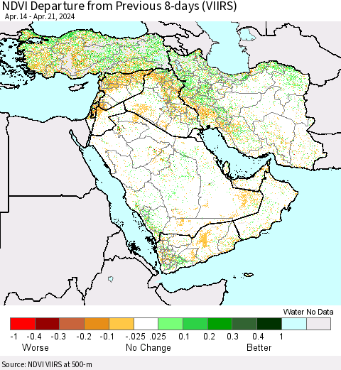 Middle East and Turkey NDVI Departure from Previous 8-days (VIIRS) Thematic Map For 4/14/2024 - 4/21/2024