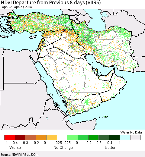 Middle East and Turkey NDVI Departure from Previous 8-days (VIIRS) Thematic Map For 4/22/2024 - 4/29/2024