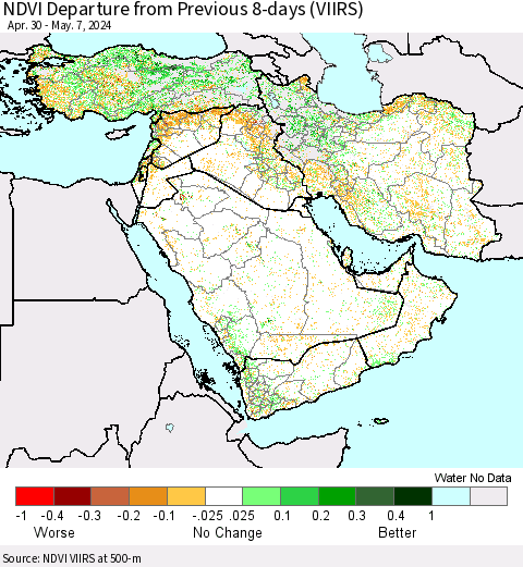 Middle East and Turkey NDVI Departure from Previous 8-days (VIIRS) Thematic Map For 4/30/2024 - 5/7/2024