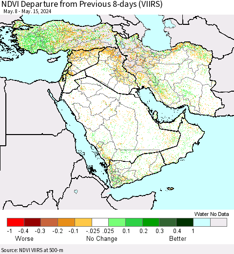 Middle East and Turkey NDVI Departure from Previous 8-days (VIIRS) Thematic Map For 5/8/2024 - 5/15/2024