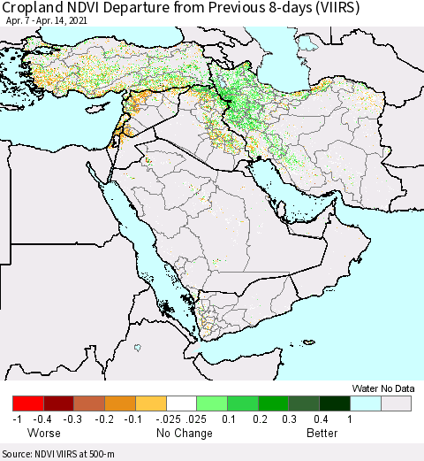 Middle East and Turkey Cropland NDVI Departure from Previous 8-days (VIIRS) Thematic Map For 4/7/2021 - 4/14/2021
