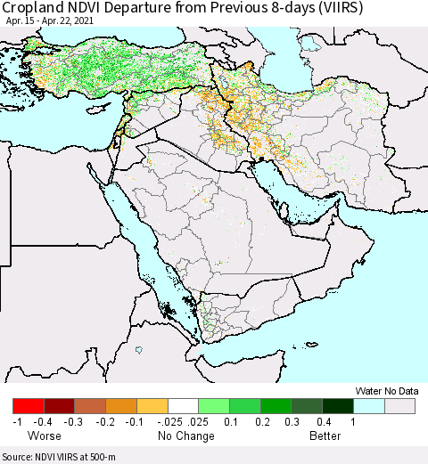 Middle East and Turkey Cropland NDVI Departure from Previous 8-days (VIIRS) Thematic Map For 4/15/2021 - 4/22/2021