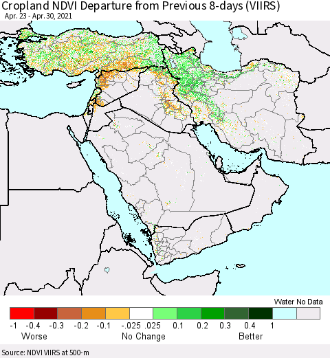 Middle East and Turkey Cropland NDVI Departure from Previous 8-days (VIIRS) Thematic Map For 4/23/2021 - 4/30/2021