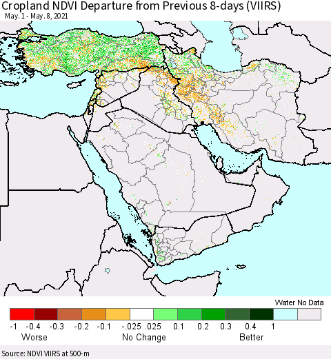 Middle East and Turkey Cropland NDVI Departure from Previous 8-days (VIIRS) Thematic Map For 5/1/2021 - 5/8/2021