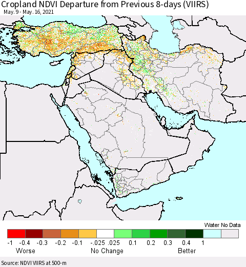 Middle East and Turkey Cropland NDVI Departure from Previous 8-days (VIIRS) Thematic Map For 5/9/2021 - 5/16/2021