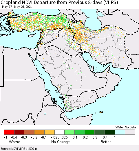 Middle East and Turkey Cropland NDVI Departure from Previous 8-days (VIIRS) Thematic Map For 5/17/2021 - 5/24/2021