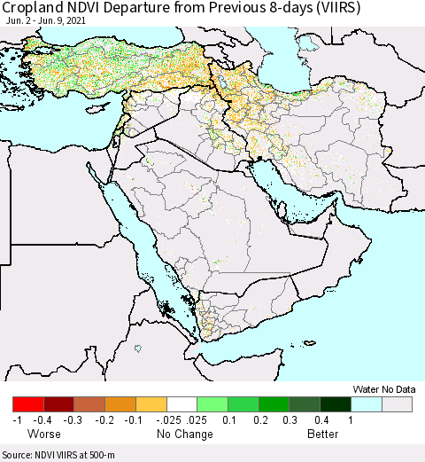 Middle East and Turkey Cropland NDVI Departure from Previous 8-days (VIIRS) Thematic Map For 6/2/2021 - 6/9/2021