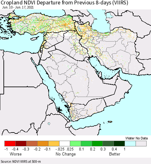 Middle East and Turkey Cropland NDVI Departure from Previous 8-days (VIIRS) Thematic Map For 6/10/2021 - 6/17/2021