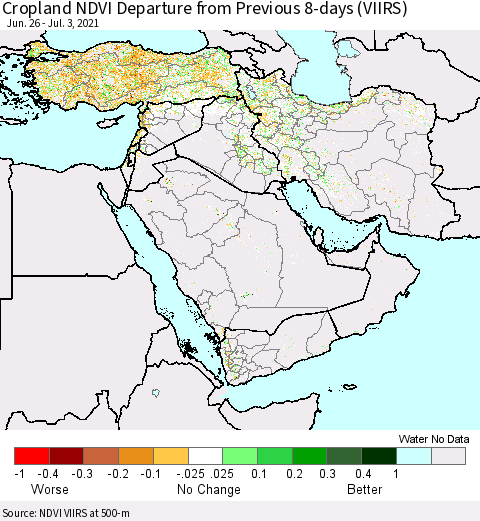 Middle East and Turkey Cropland NDVI Departure from Previous 8-days (VIIRS) Thematic Map For 6/26/2021 - 7/3/2021