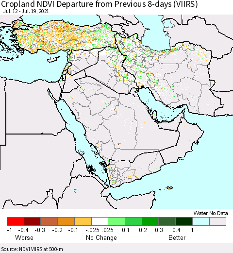 Middle East and Turkey Cropland NDVI Departure from Previous 8-days (VIIRS) Thematic Map For 7/12/2021 - 7/19/2021