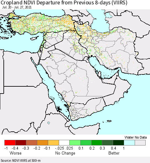 Middle East and Turkey Cropland NDVI Departure from Previous 8-days (VIIRS) Thematic Map For 7/20/2021 - 7/27/2021