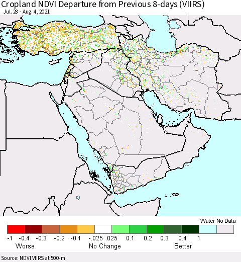 Middle East and Turkey Cropland NDVI Departure from Previous 8-days (VIIRS) Thematic Map For 7/28/2021 - 8/4/2021