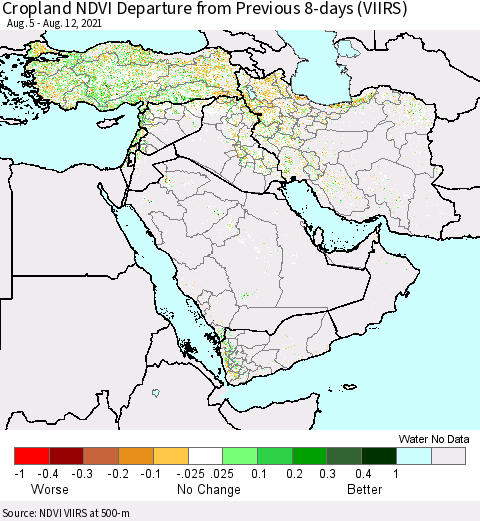Middle East and Turkey Cropland NDVI Departure from Previous 8-days (VIIRS) Thematic Map For 8/5/2021 - 8/12/2021
