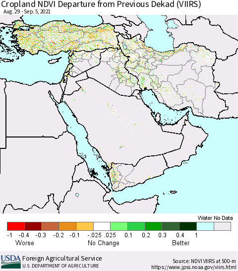 Middle East and Turkey Cropland NDVI Departure from Previous Dekad (VIIRS) Thematic Map For 9/1/2021 - 9/10/2021