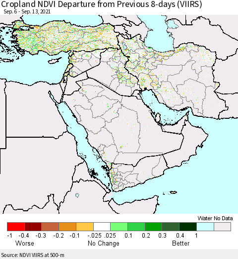 Middle East and Turkey Cropland NDVI Departure from Previous 8-days (VIIRS) Thematic Map For 9/6/2021 - 9/13/2021