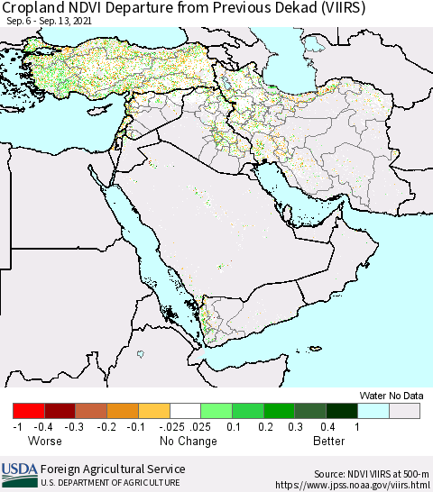 Middle East and Turkey Cropland NDVI Departure from Previous Dekad (VIIRS) Thematic Map For 9/11/2021 - 9/20/2021
